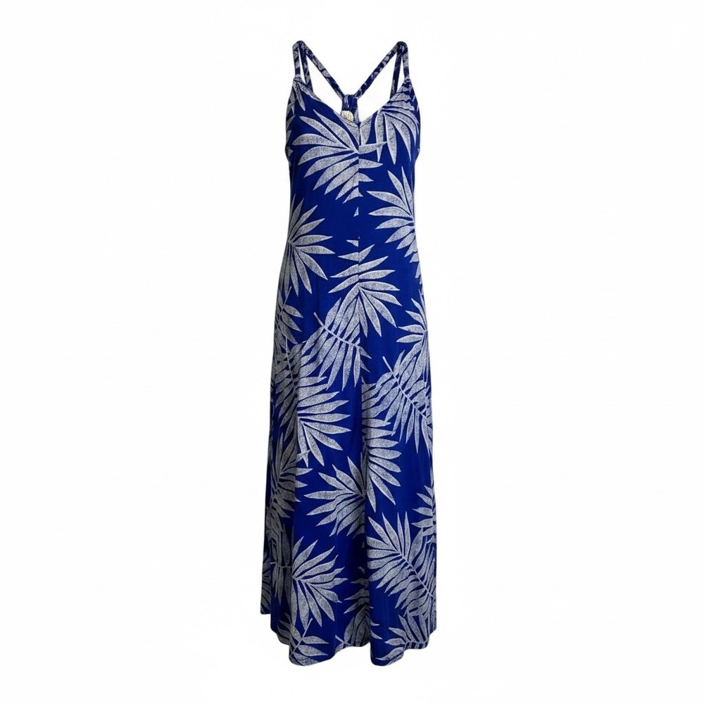 C&C California‎ Blue White Palm Print Linen Blend Midi Dress Small Braided